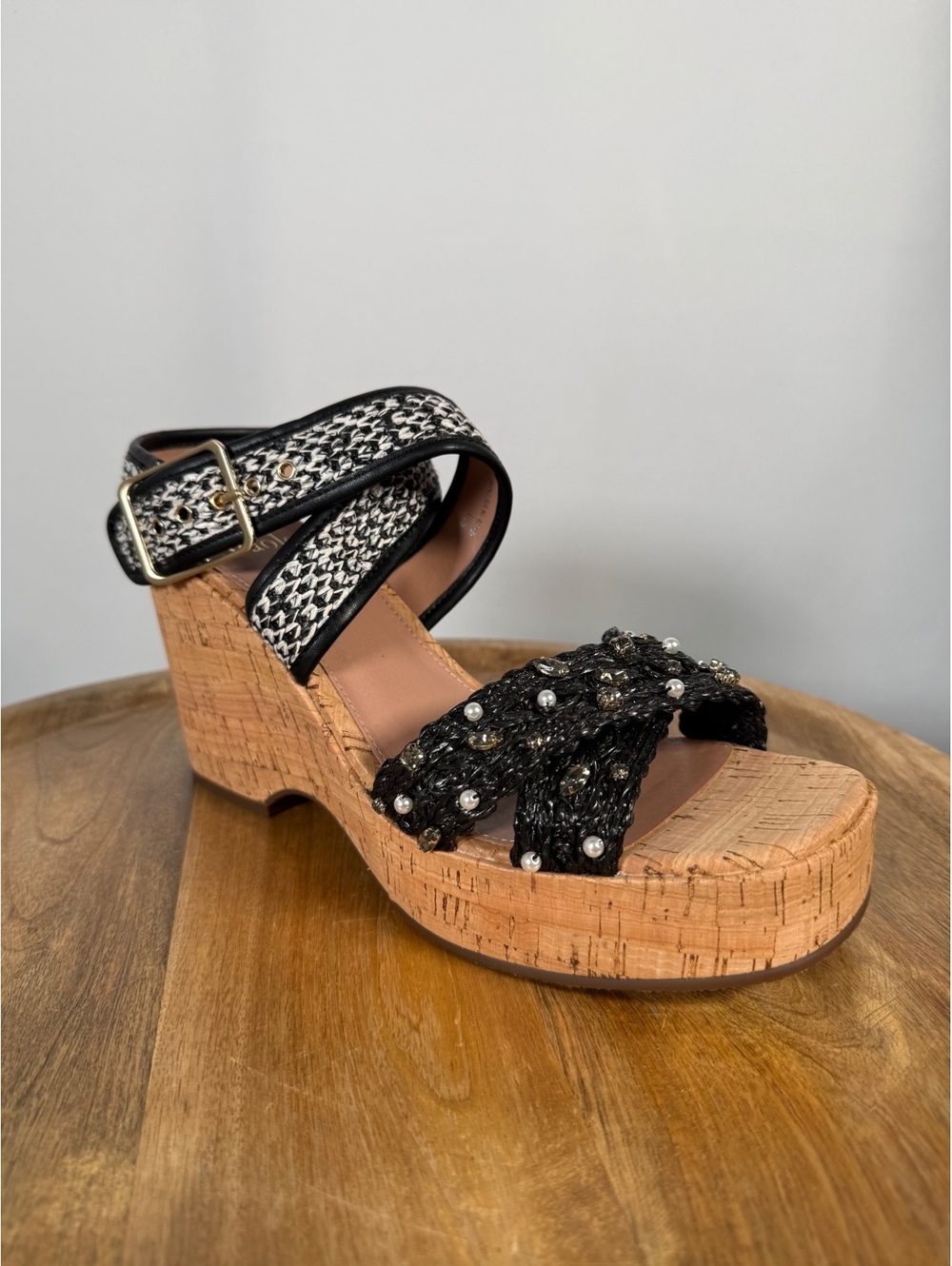 NWB Linea Paolo Varena Black Raffia Embellished Wedge Sandals Size 10 - Picture 8 of 10
